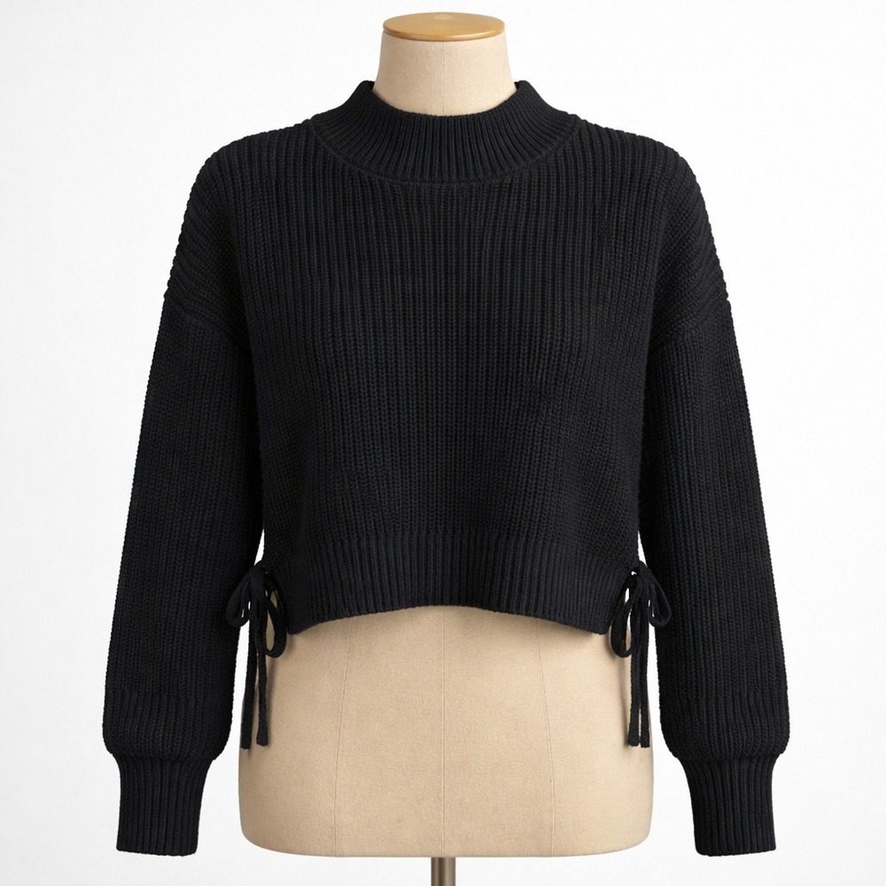 Y2K Whimsigoth Shaker Knit Boxy Crop Sweater Size L Black Grunge Baddie Side Tie